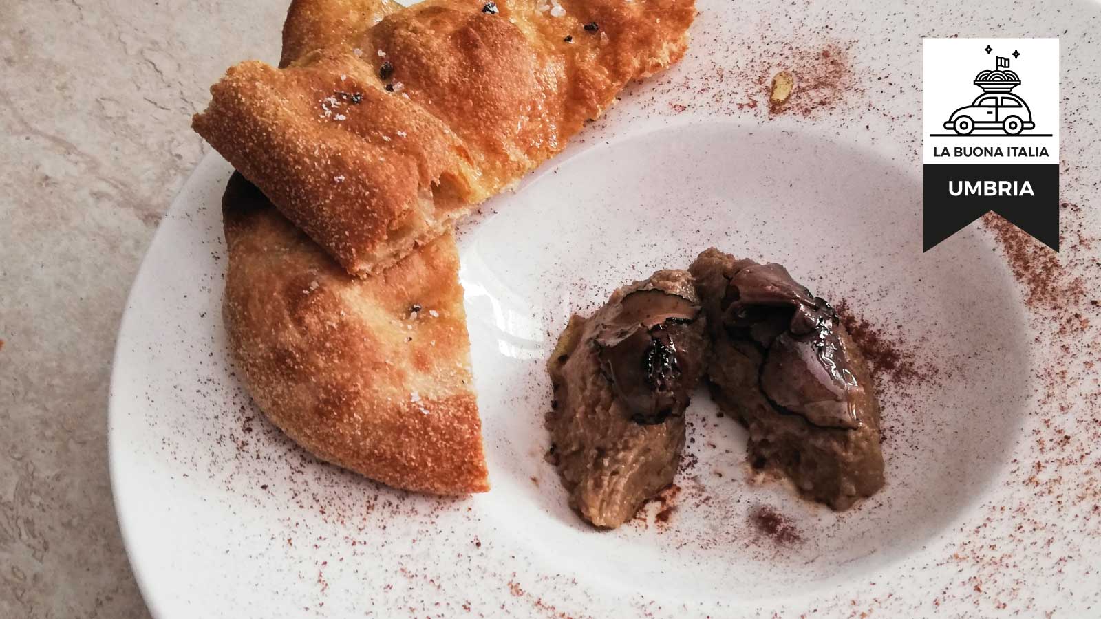 Umbria – Truffle Chicken Liver Pate Quenelles With Truffle-flavored Umbrian Focaccia.